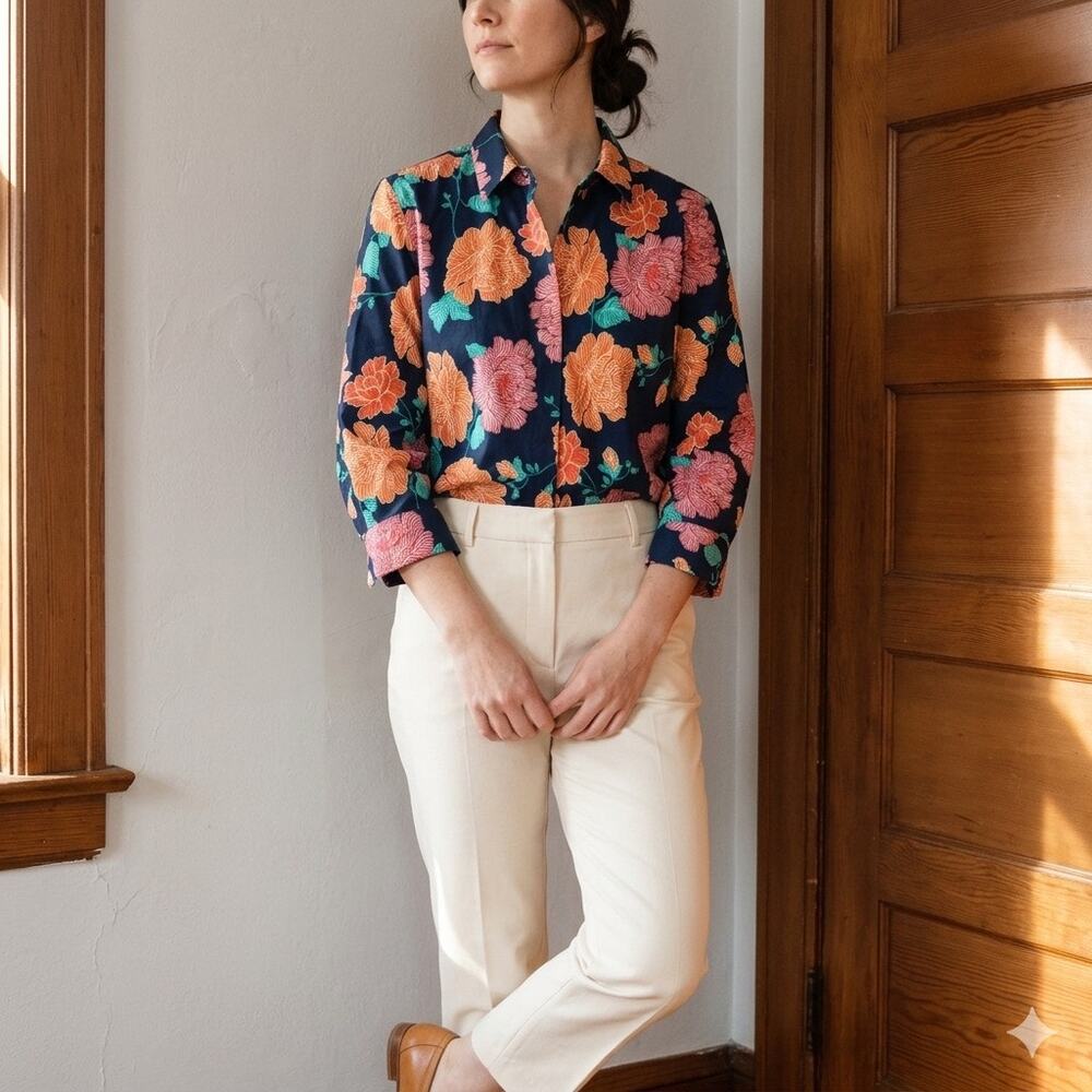Chico's No-Iron Stain Shield Floral Button Down Shirt Navy Pink Size 0 / US 4-6